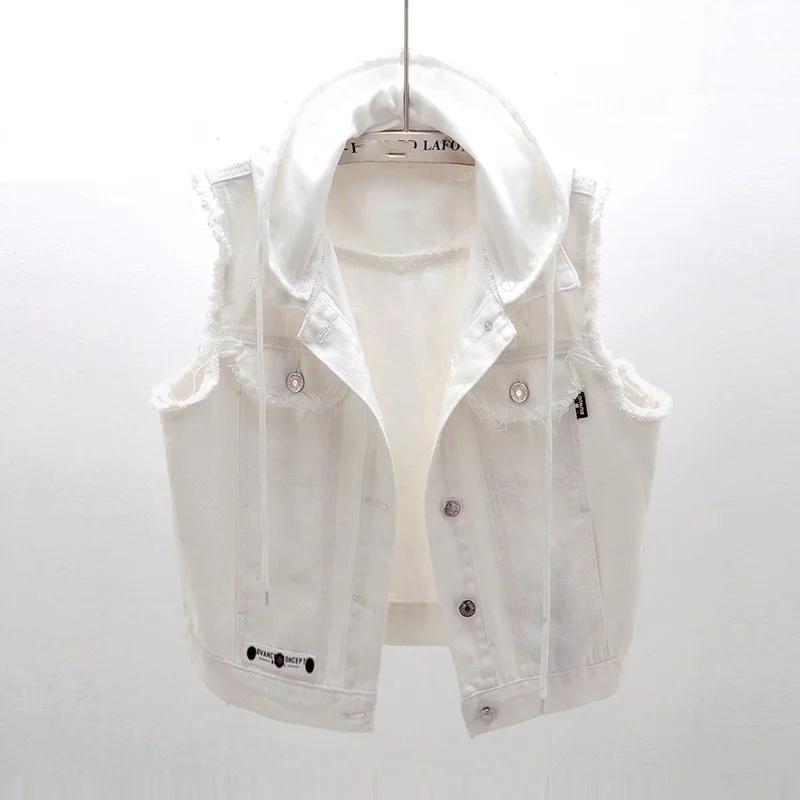 

Fashion Women White Hooded Denim Vest Short Waistcoat Female Femme Hole Ripped Sleeveless Jacket Casual Tassels Jeans Vests