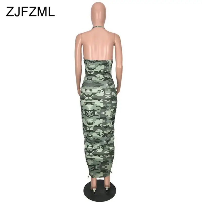 

Camouflage Lace Up Sexy Maxi Bandage Dress Women Spaghetti Strap Hollow Out Bodycon Dresses Autumn Backless Long Party Dress