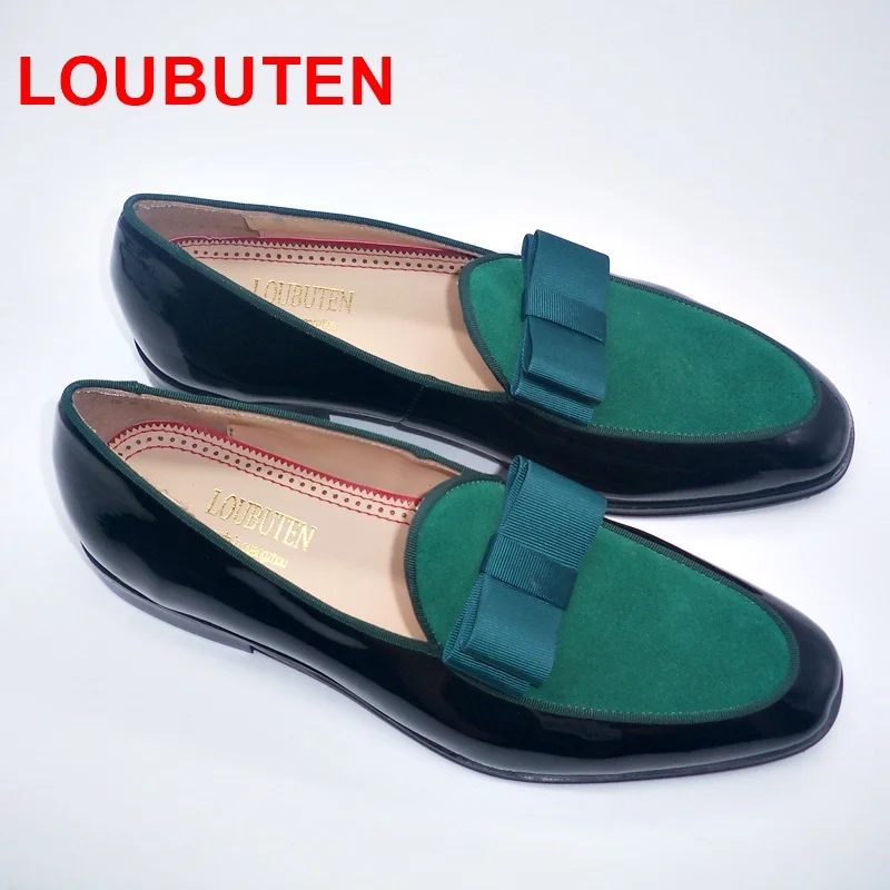 LOUBUTEN Black Patent Leather Shoes Men Bowtie Loafers Patchwork Green Suede Boat Dress Slip-on Wedding | Обувь