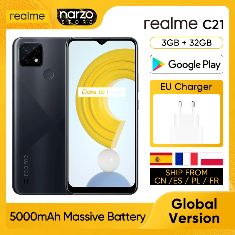 

Realme C21 RMX3201 Мобильный телефон [Глобальная версия] 3GB RAM 32GB ROM MTK Helio G35 6.5'' ЖК-экран 13MP AI тройная камера 5000 мАч Android Разблокировка по отпечатку паль...