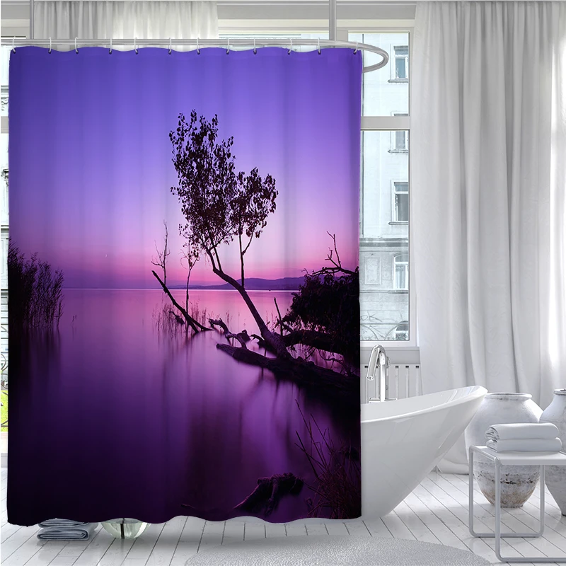 Фиолетовые занавески для душа ванной спальни окна дерева и озера украшения|Шторы