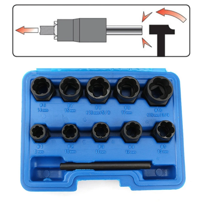 

11Pcs Impact Damaged Bolt Nut Screw Remover Extractor Socket Tool Kit Removal Set Bolt Nut Screw Removal Socket Wrench