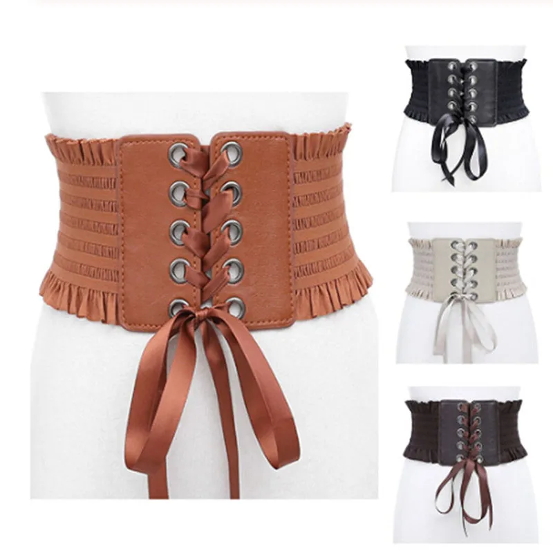 

New Women Ladies Fashion Stretch Belt Tassels Elastic Buckle Wide Dress Corset Waistband 2021 5 Colors