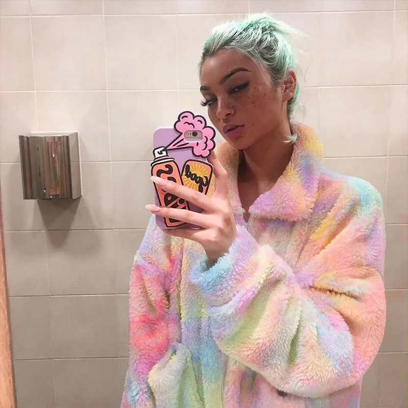 Fitshinling Lambswool Winter Women's Sweatshirts Hairy Rainbow Tie Dye Moletom Poleron Mujer Zip-Up Warm Fuzzy Sweatshirt Female | Женская