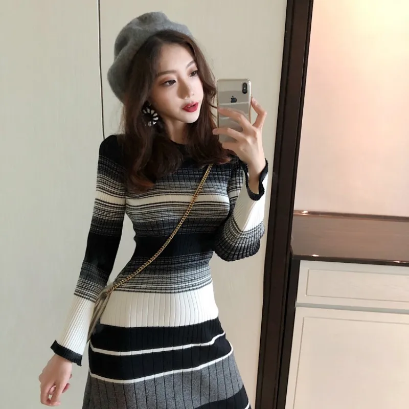 

New Arrival Women's Autumn Slim Knitting Contrast Dress Belted Sheath Bodycon OL Elegant Retro Work Pencil Dresses Vestidos