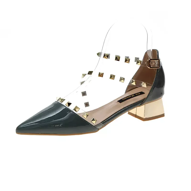 

2021 pointed shallow mouth low top women's shoes summer sandals Middle Heel Sandals Rivets Pointed Toe Mueller Shoes