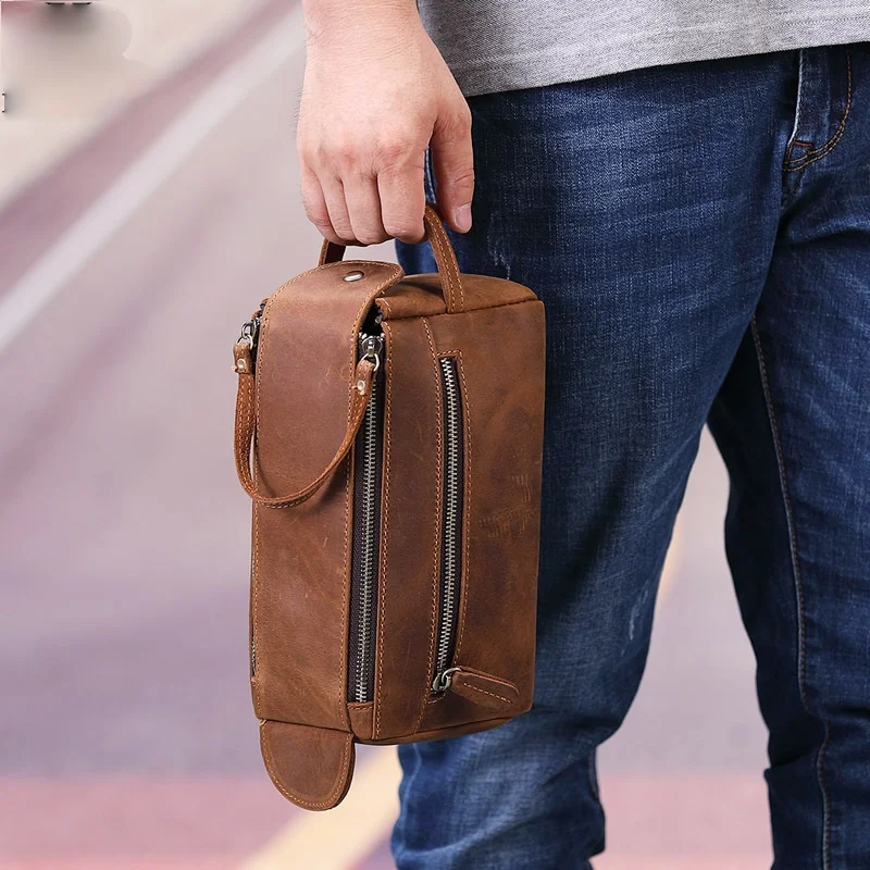 

new retro leather wash bag, crazy horse leather multi-function storage bag, casual fashion men's clutch