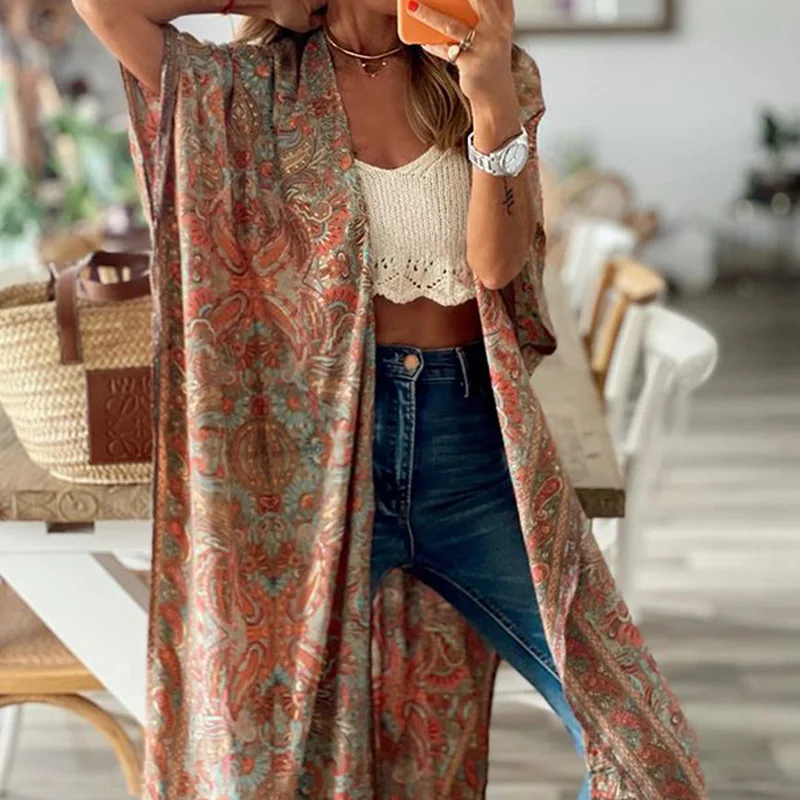 

New Summer Women Printing Irregular Long Cardigan Sun Protection Top Blouse Casual Straight Short Sleeve Loose Slit Ladies Shirt