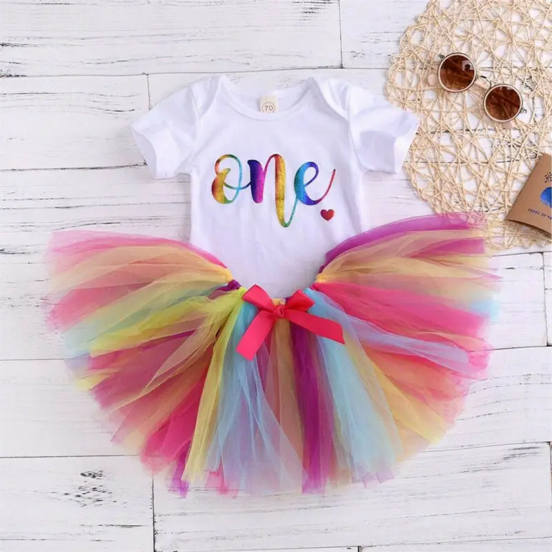 

Newborn Baby Girl My 1st Birthday Rainbow Romper Tops Tutu Tulle Skirt Outfit