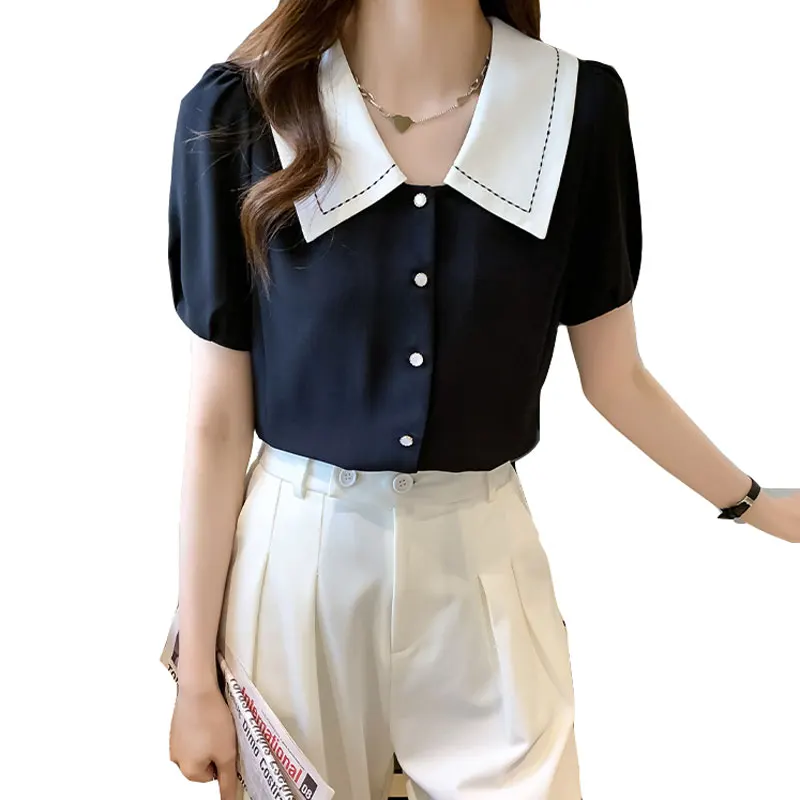 

French Contrast Big Lapel Shirt Women's Summer Short Sleeve 2021 Summer New Bubble Sleeve Lapel Chiffon Shirt