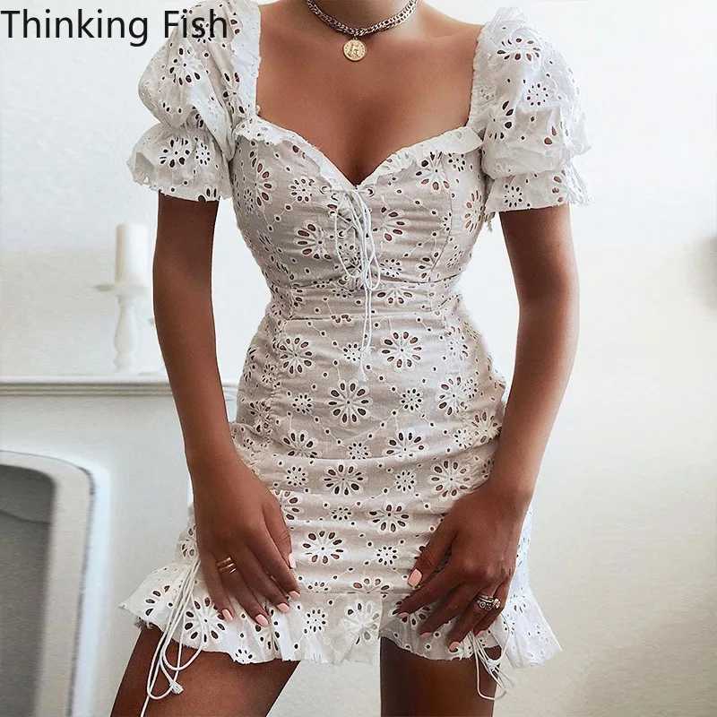 

Spring and summer fashion female floral embroidery Bodycon dress elegant lady hung drawstring sexy summer mini dress