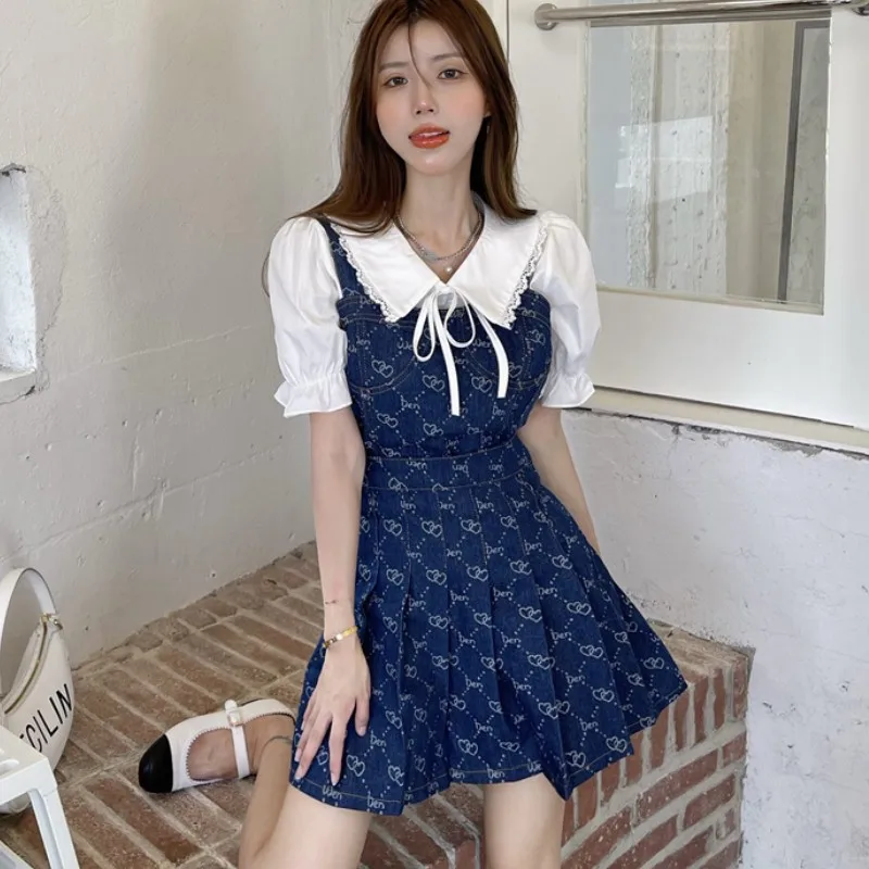 

3 piece Set Women 2021 Summer Elegant Denim Strap + Sweet White Lapel Puff Sleeve Shirt + High Waist Pleated Mini Skirt Suits