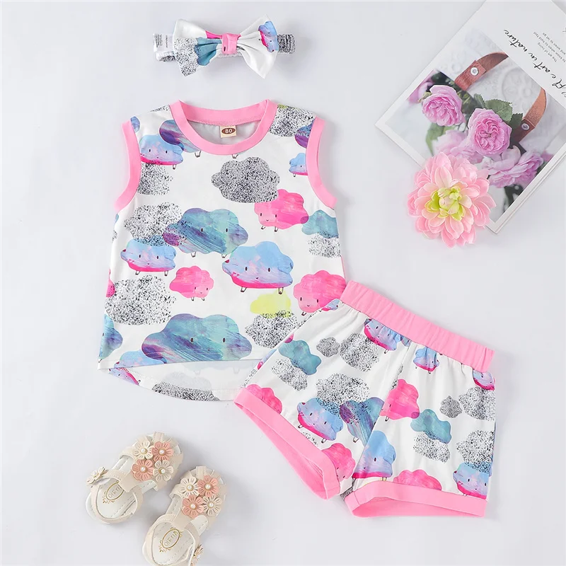 

Baby Girls Summer Tracksuit 3Pcs , Cartoon Cloud Print O-Neck Tank Tops + Shorts + Headband Suit for Toddler, 3-18 Months