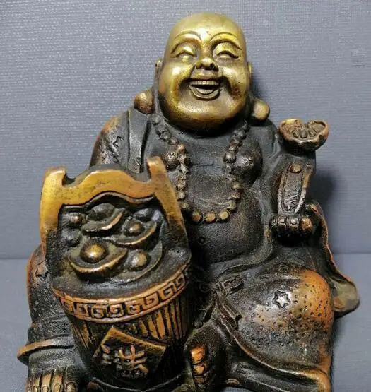 

9CM Pure Bronze Gilt Carving Happy Laugh Maitreya Buddha Yuanbao Ruyi Statue