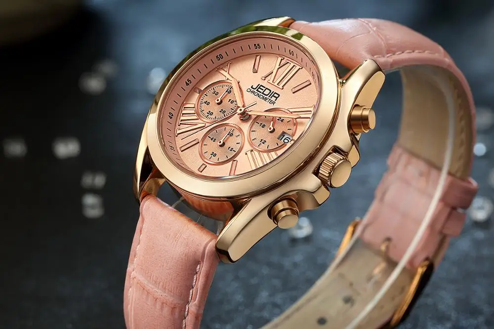 Женские кварцевые наручные часы с отображением даты и кожаным ремешком|Женские