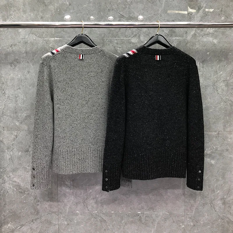 

TB 2021 Fashion THOM Brand Sweaters Men Slim Fit V-Neck Cardigans Clothing Striped Wool Cashmere Solid Thick Winter Casual Coat