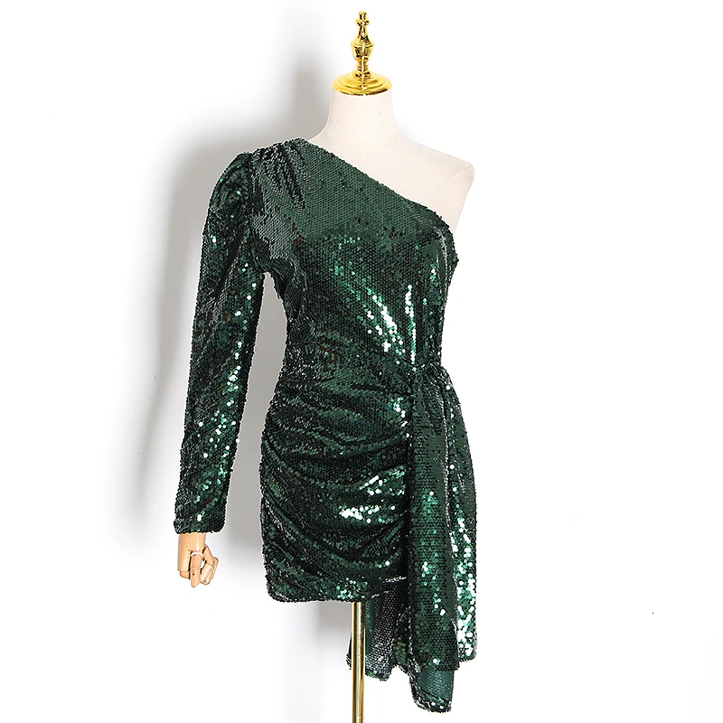 

JCHB 2021 Ruched Sequin Dress Asymmetrical Nigh Club Party Mini Sexy Dress