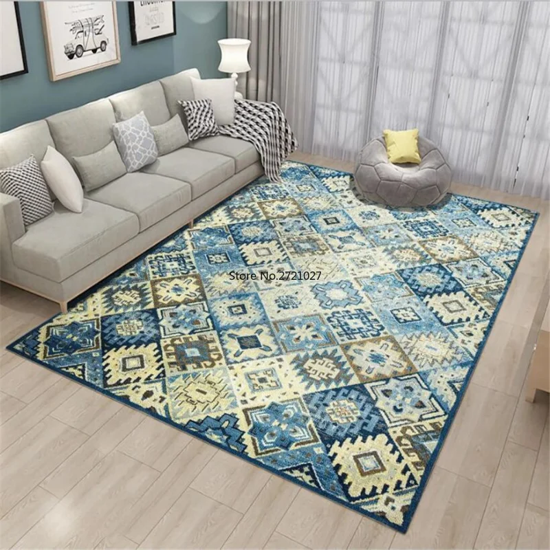 

Retro Blue Lattice Moroccan Bedroom Carpet Geometric Printed Carpet Floor Kitchen Carpet Bathroom Non-slip Mat