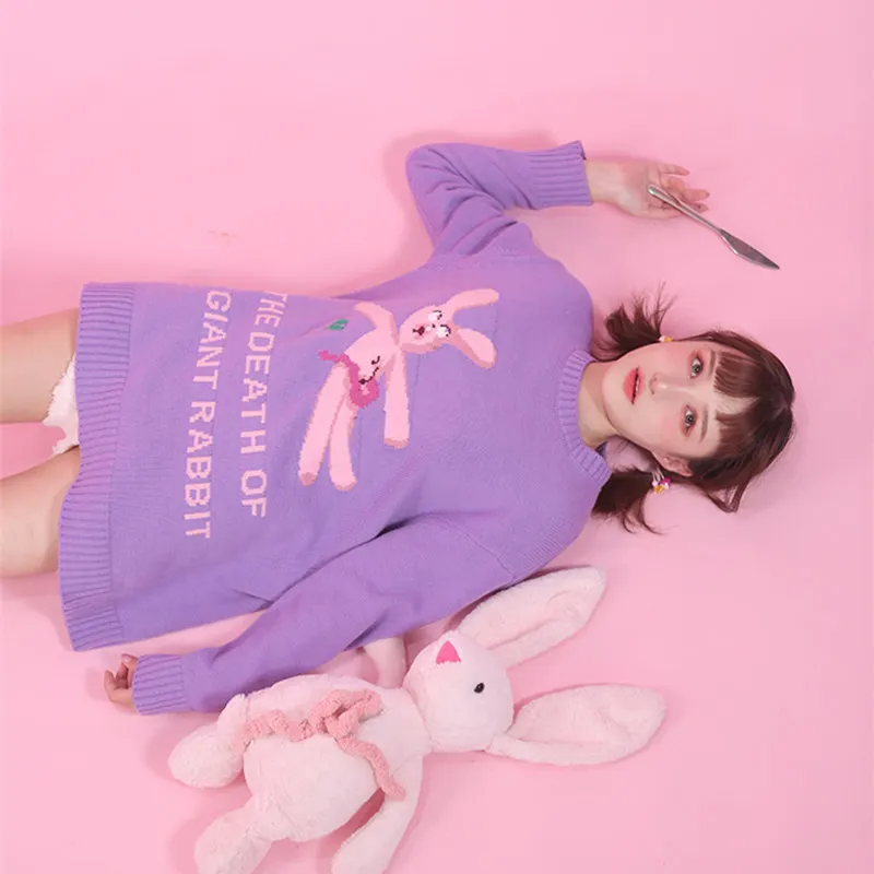 Harajuku Винтаж ins Горячие теплые зимние фиолетовые kawaii милый Лолита Кролик шаблон вязаные свитера с вырезом для женщин топ YQ-1068