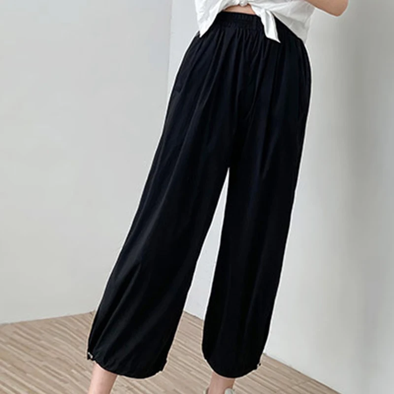 

Pocket Elastic Waist Women's Cargo Pants Summer Solid High Waisted Loose Women Trousers Fashion Casual Thin Ladies Long Pant