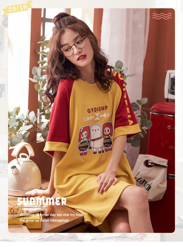 Брендовая Трикотажная хлопковая Женская короткая одежда для сна с круглым вырезом и героями мультфильмов, ночная рубашка для девочек, ночная рубашка, одежда для сна, домашняя пижама, XXXL