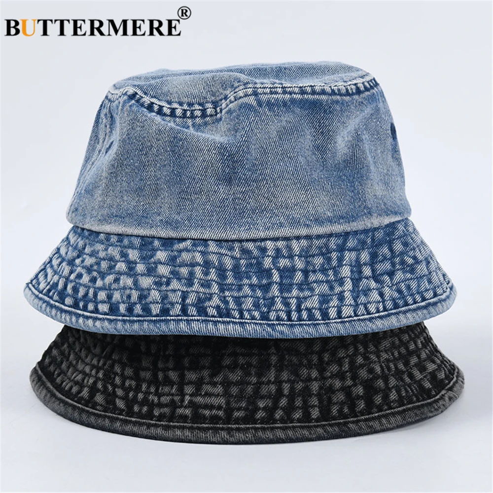 BUTTERMERE Bucket Hat Womens Denim Spring Summer Solid Vintage Fisherman Hat Korean Unisex Traveling Hiking Cap