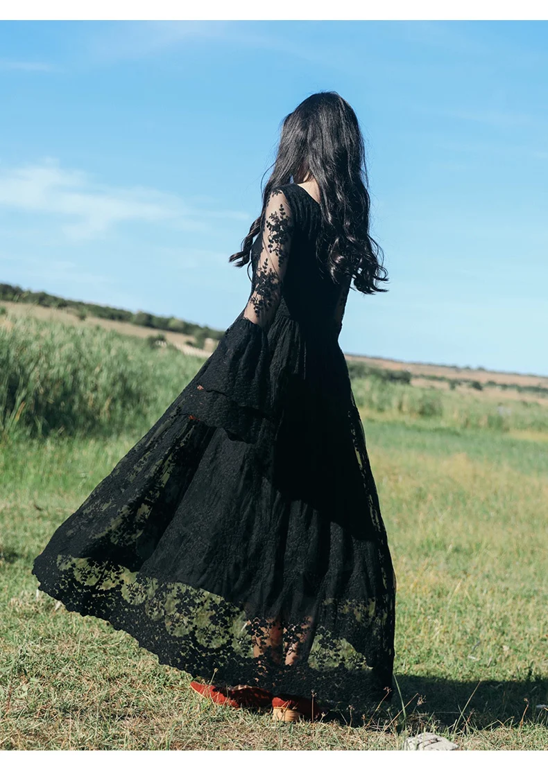 LANMREM 2020 кружевное платье весеннее новое длинное сплошное цветной раструб рукав