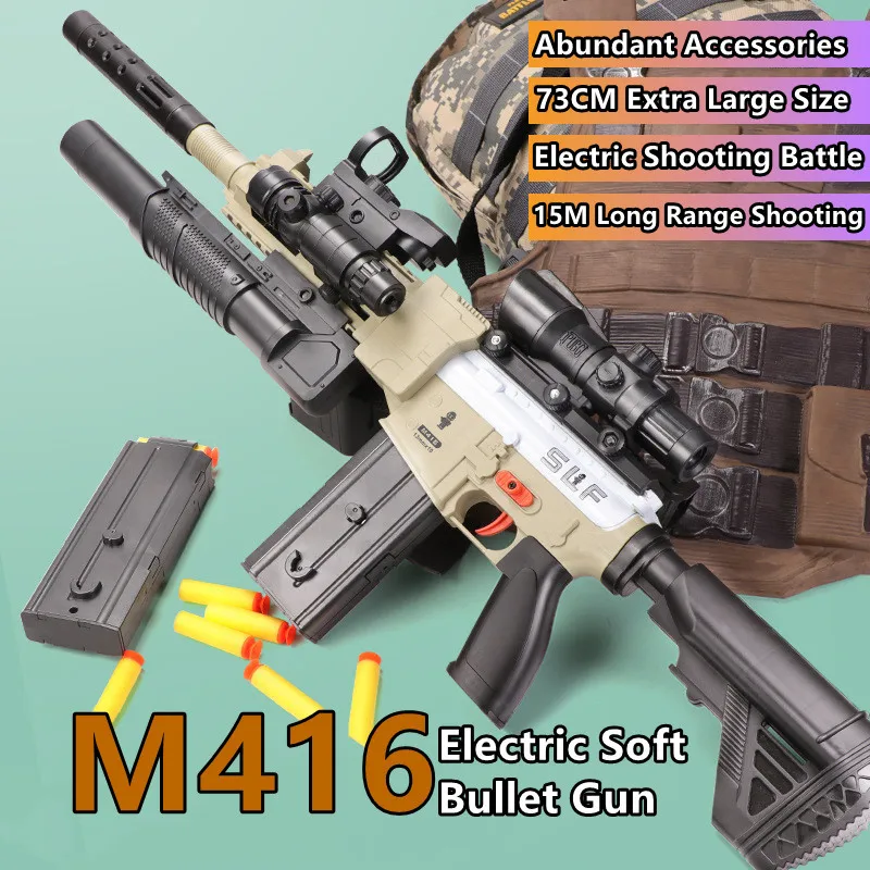 

Электрический пистолет M416 с мягкими пулями, 73 см, сборка «сделай сам», много аксессуаров, дальность стрельбы 15 м, взаимодействие родителей и ...