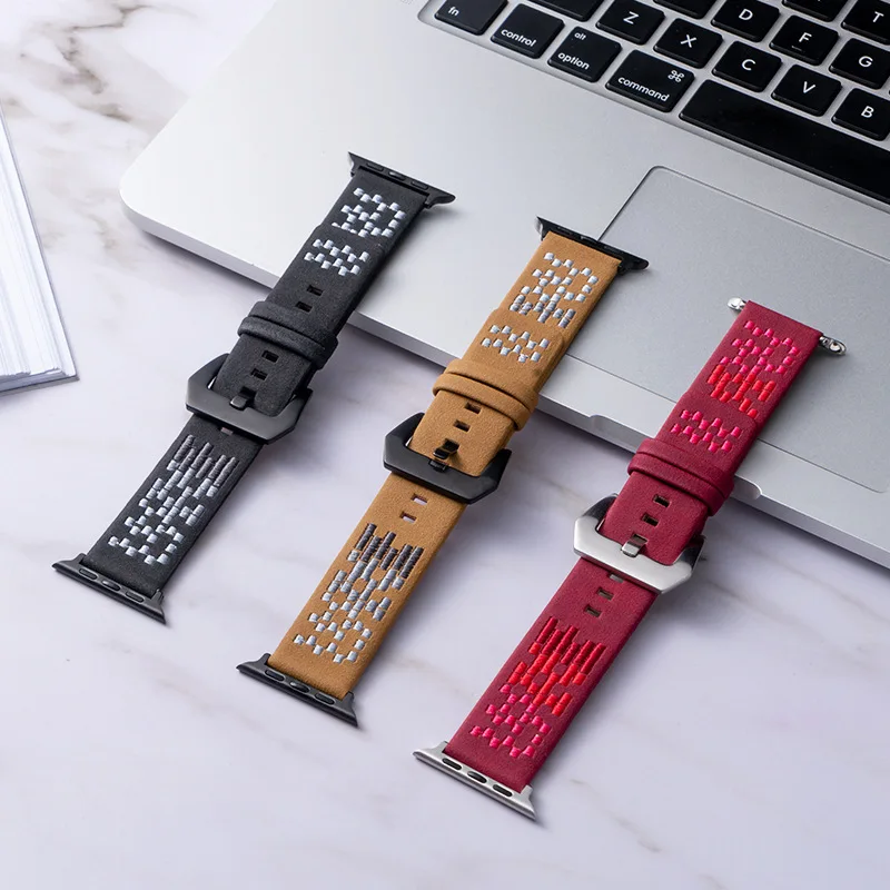 

Leather Watch Band for Apple Watch Series 5 4 3 2 1 Strap for Iwatch 38/40mm 42/44mm Embroidery Band Accessories for Apple Watch