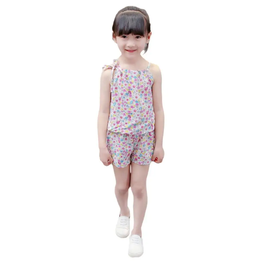 

Summer Baby Girls Casual Sleeveless Suspenders T-shirt+Floral Print Shorts Suits