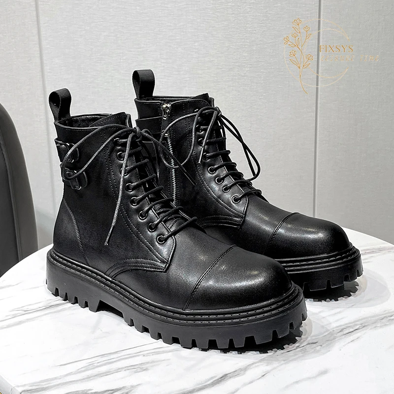 

FIXSYS Men Martin Boots High Top Tooling Boots Winter Fur Motorcycly Boots Outdoor Warm Plush Boots Trendy Leather Cowboy Boots