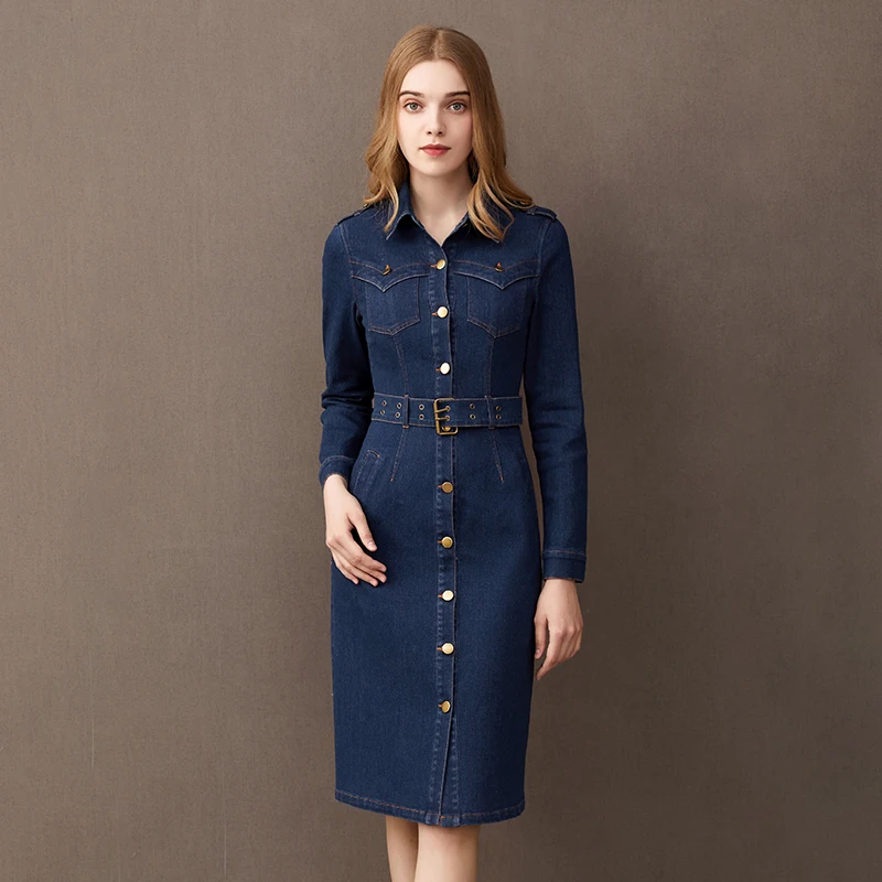 Женское однобортное джинсовое платье Aswinfon облегающее средней длины с отложным