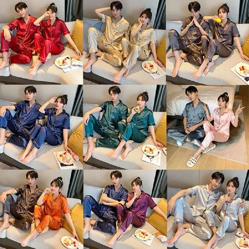 

Spring Luxury Couple Satin Silk Pajamas Sets Family Pijama Lover Night Suit Summer Men & Women Casual Home Clothing Sleepwear