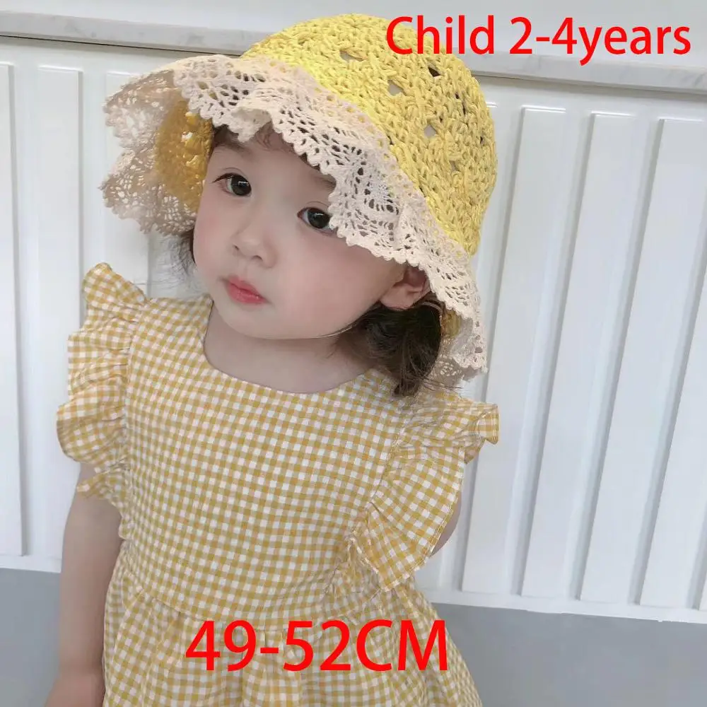 

Child Girl Summer Beach Hat Sun Protection INS Style Lolita Kawaii Bow Sweet Lace Straw Foldable Hat Female Casual Cap Holiday