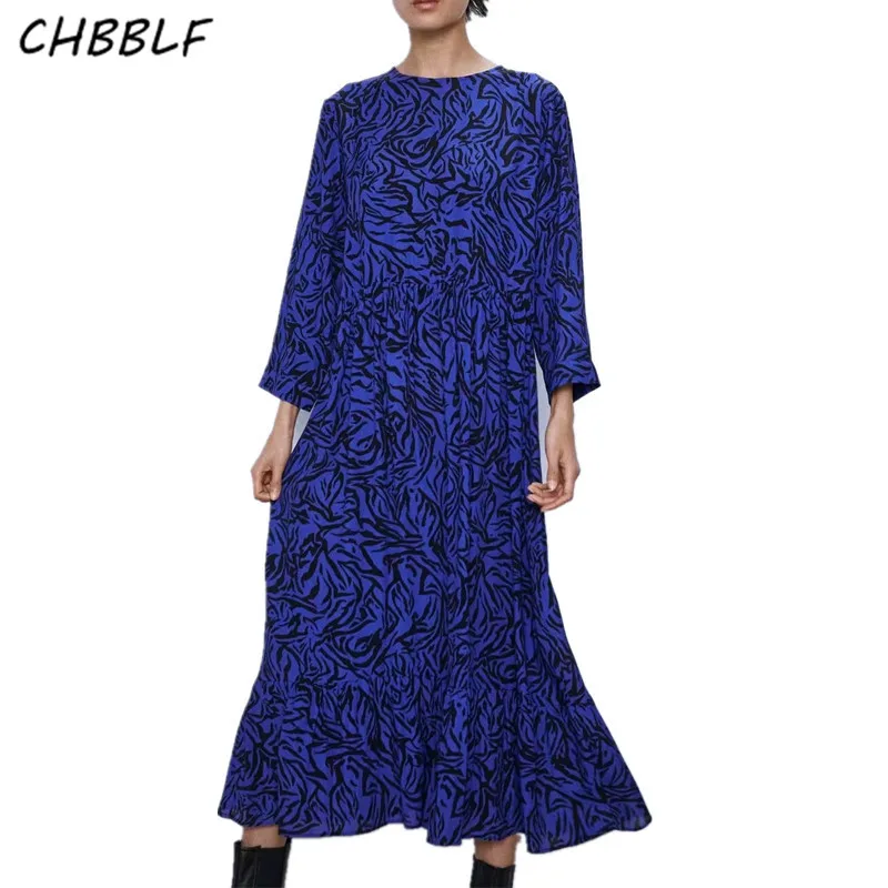 CHBBLF женское стильное платье миди с животным принтом круглый воротник рукав на