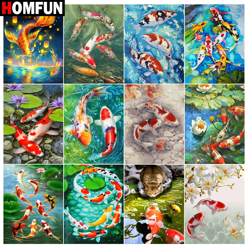 Алмазная 5d картина HOMFUN озеро с рыбками и лотосами квадратная/круглая для