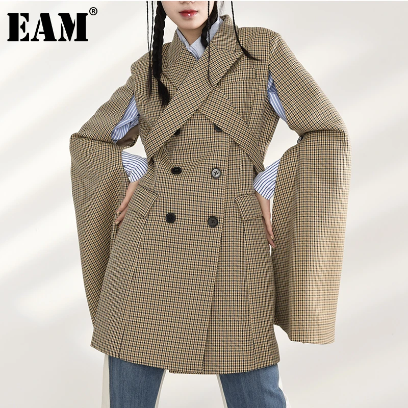 

[EAM] Women Irregular Khaki Plaid Long Temperament Dress New Lapel Long Sleeve Loose Fit Fashion Autumn Winter 2021 1DD138604
