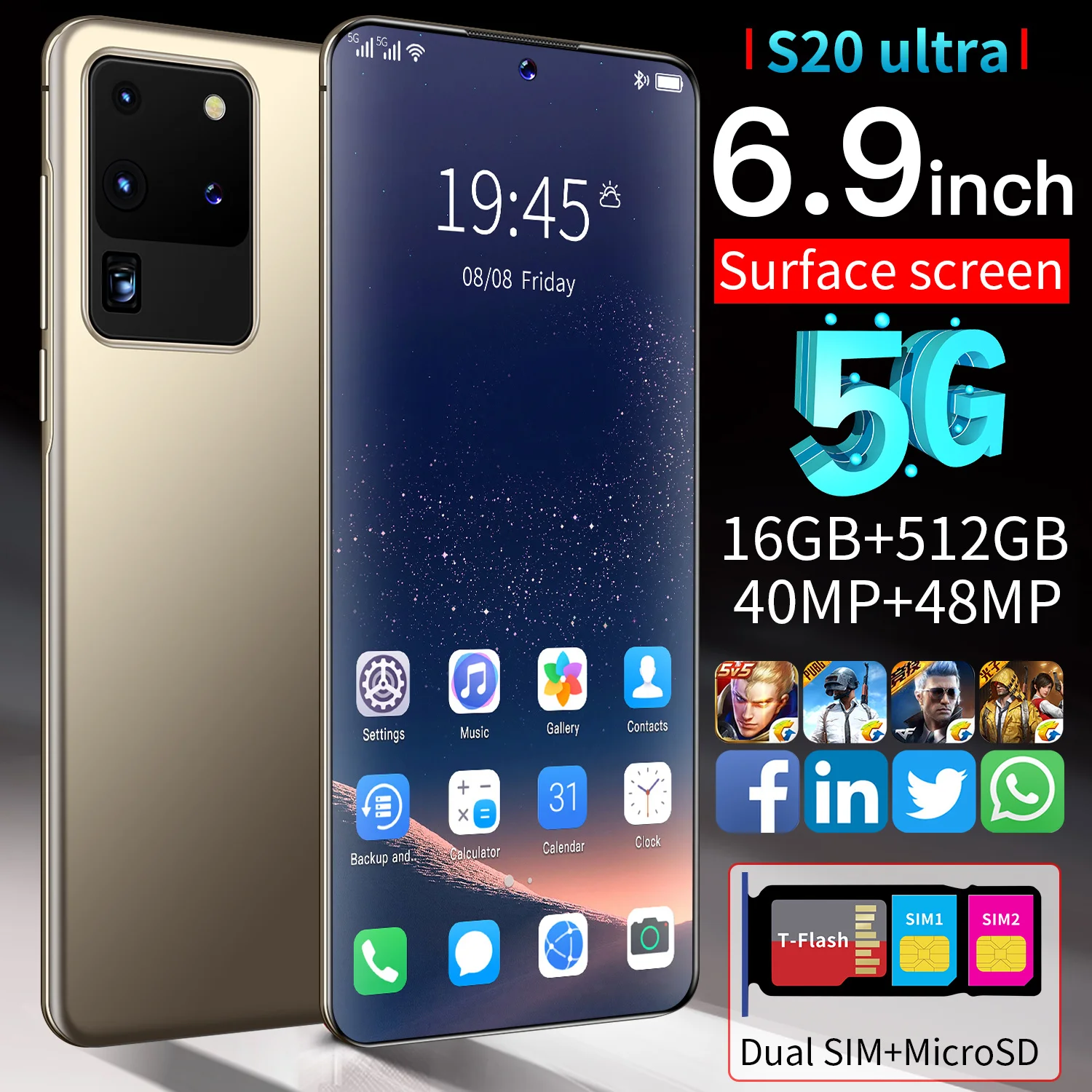 

Galxy S20 Ultra 10 Core 5G LTE Smartphone 6.9 Inch Dual SIM 40+48MP Mobilephone 5000mAh 3200*1400 Android 10.1 Cellphone