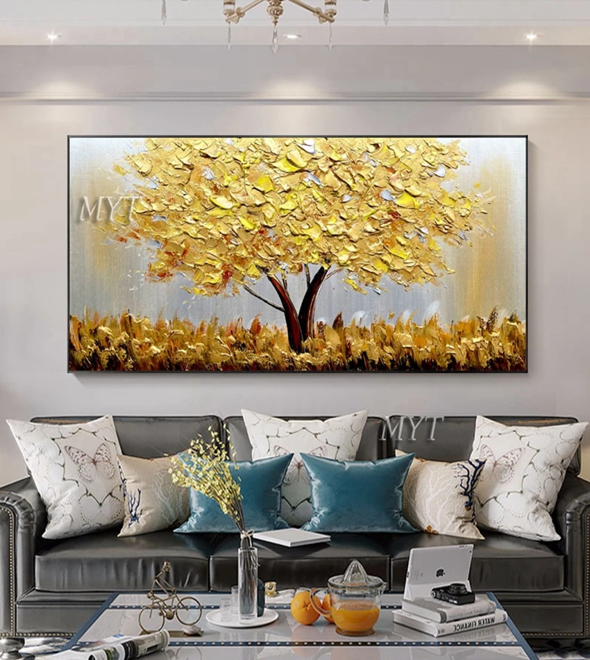 

Hand-painted knife oil painting on new golden tree canvas, large 3D painting in living room, modern abstract art wall painting