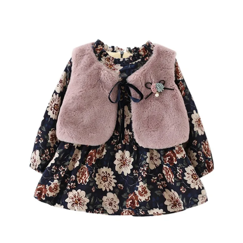 

Зимние пальто для маленьких девочек, меховой жилет принцессы с длинным рукавом, цветочное флисовое платье, комплект из 2 шт./компл.