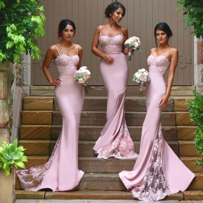 

Mermaid bridesmaid dresses pink Spaghetti Straps satin vestido de festa de casamento applique sweetheart robe longue elegant