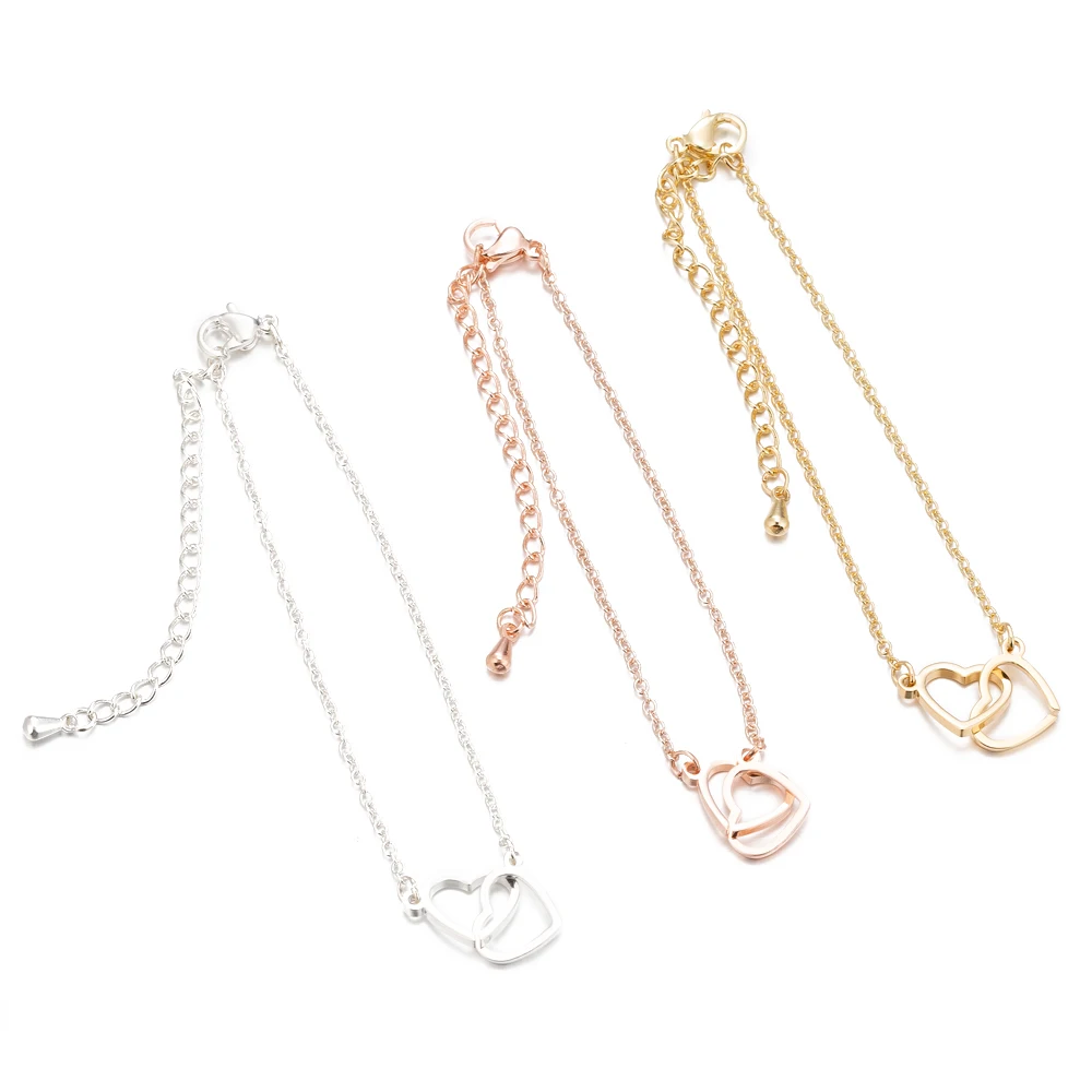 Женский браслет цепочка FENGLI из нержавеющей стали с двойным сердечком свадебные