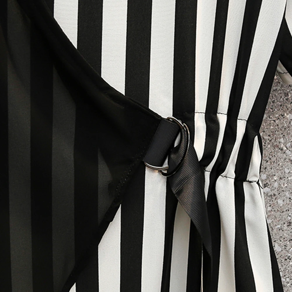 

EHQAXIN 2021 Summer Ladies Striped Stitching Dress Loose Chiffon Short-Sleeved Lace-Up Dress Casual Party Office For Girls L-5XL