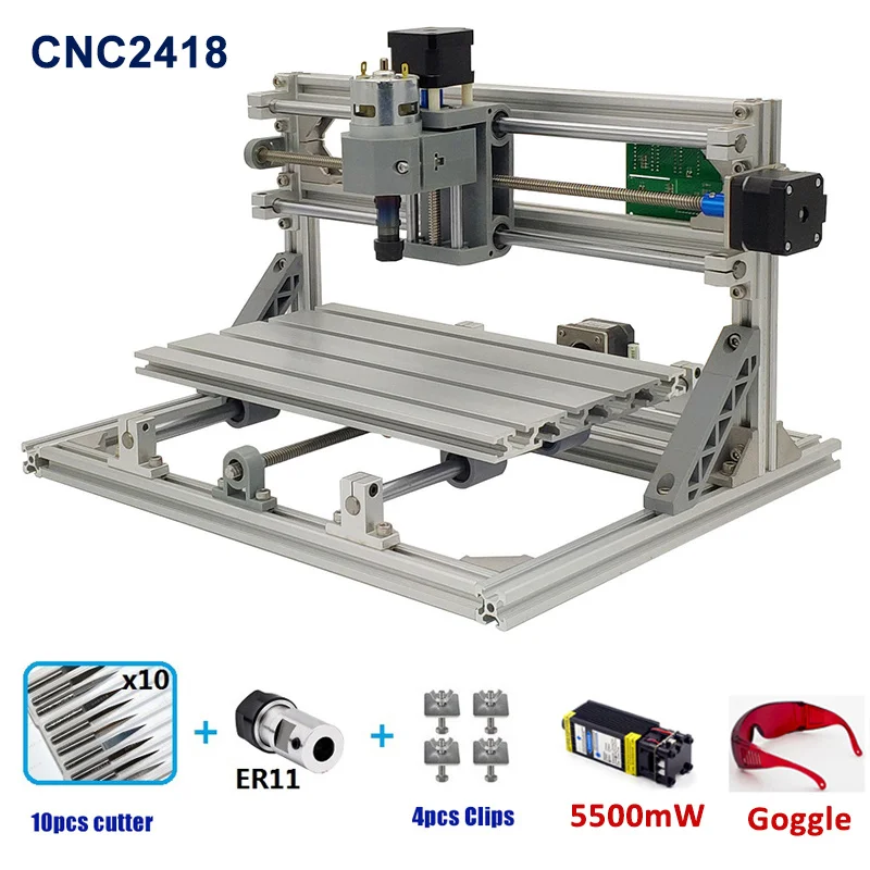 CNC2418 CNC деревообрабатывающий фрезерный станок лазерный гравер GRBL1.1F ER11 Хобби DIY гравировальный станок для дерева PCB ПВХ мини лазерная гравировка - Цвет: Add 5500mW Laser