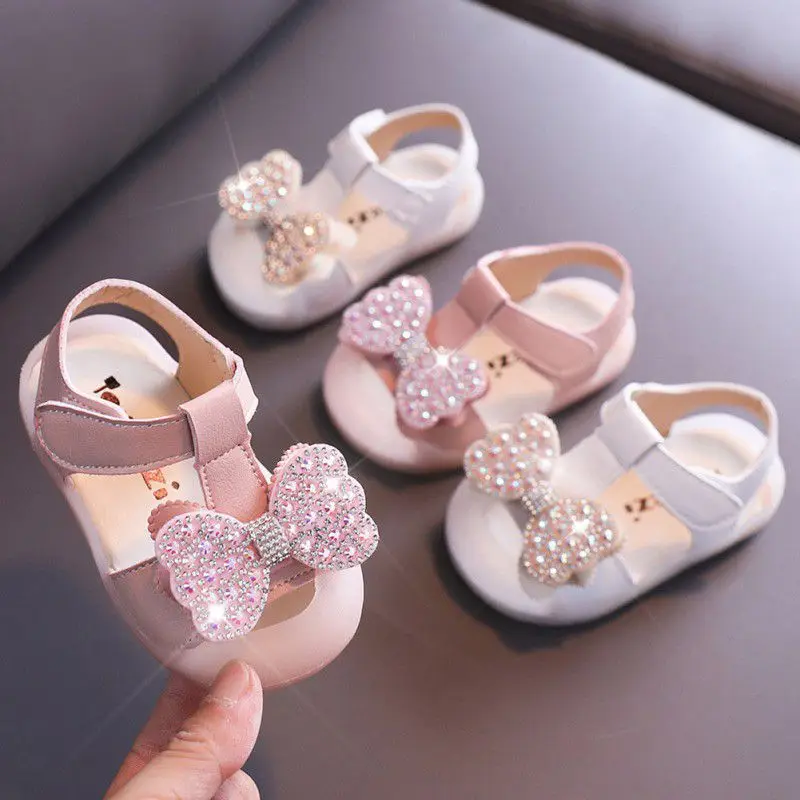 

Girl Sandals Cute Rhinestone Bows Toddler Girls Shoes Soled Baby Sandals Solid Color Soft Cotton Todder Shoes