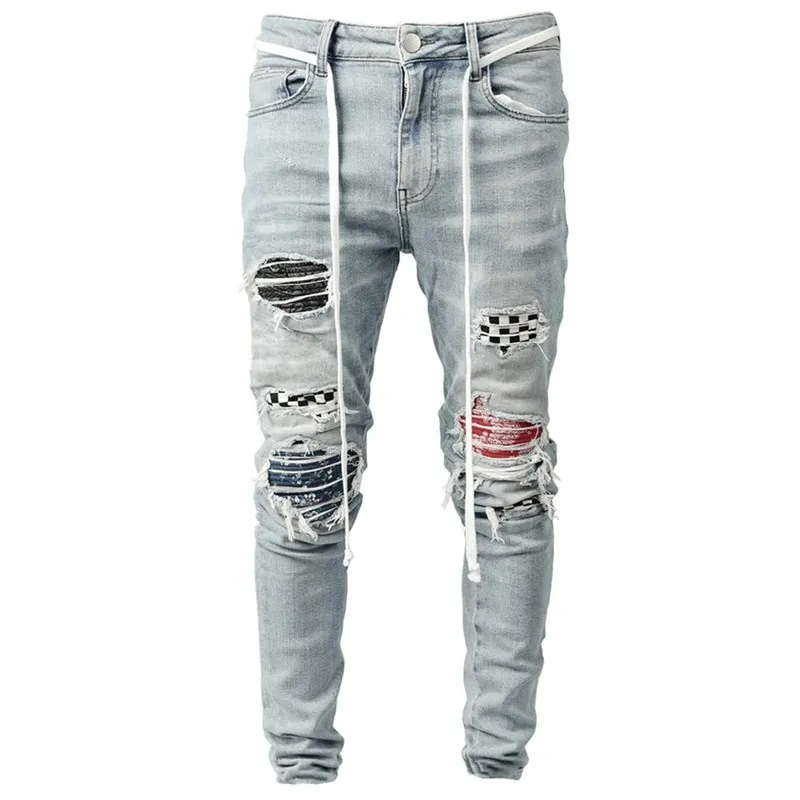 

2020 Hot Skinny Jeans Men Ripped Grid Stretch Denim Pants Elastic Waist Big Size European S-5XL Hip-hop Casual Men jeans pants