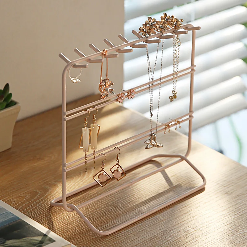 

2021 Fashion Metal Jewelry Rack Holder Organizer 3 Tier Pink White Necklace Earring Display Show Rack Home Decorative Shelves