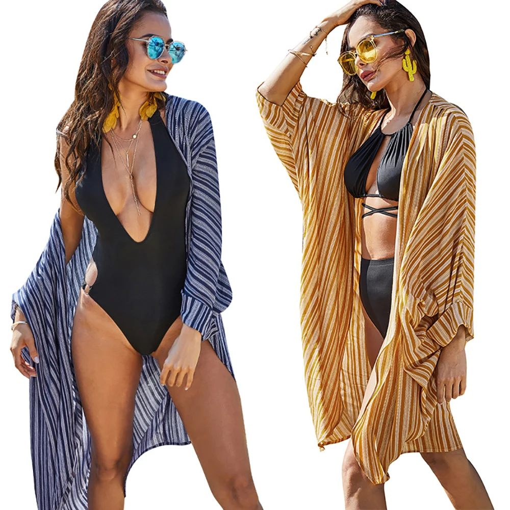 

Y106 простая полосатая куртка Свободный Повседневный Кардиган повседневное летнее платье размера плюс большая пляжная Солнцезащитная рубаш...