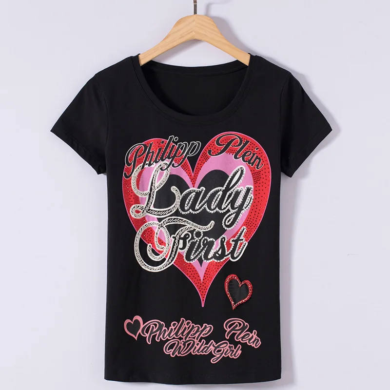 

2021 spring and summer new short sleeve women's T-shirt fashion slim fitting hand nailed bead love peach English backing SHIRT