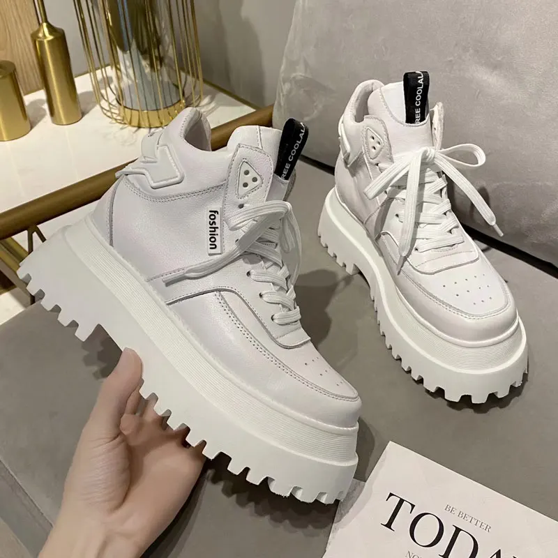 

Thick bottom Genuine Leather Woman shoes Fashion Round toe High-top Woman Sneakers Lace-up Low heels Autumn Winter Woman shoes